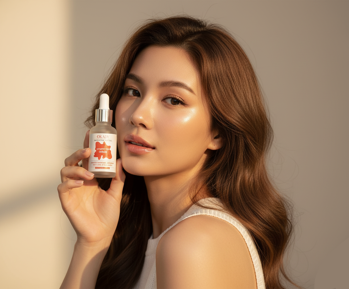 Woman holding a skincare serum bottle against a neutral background