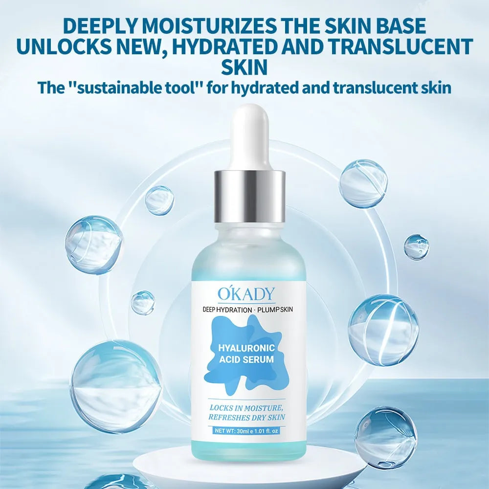 OKADY hyaluronic acid serum bottle with dropper on a blue background