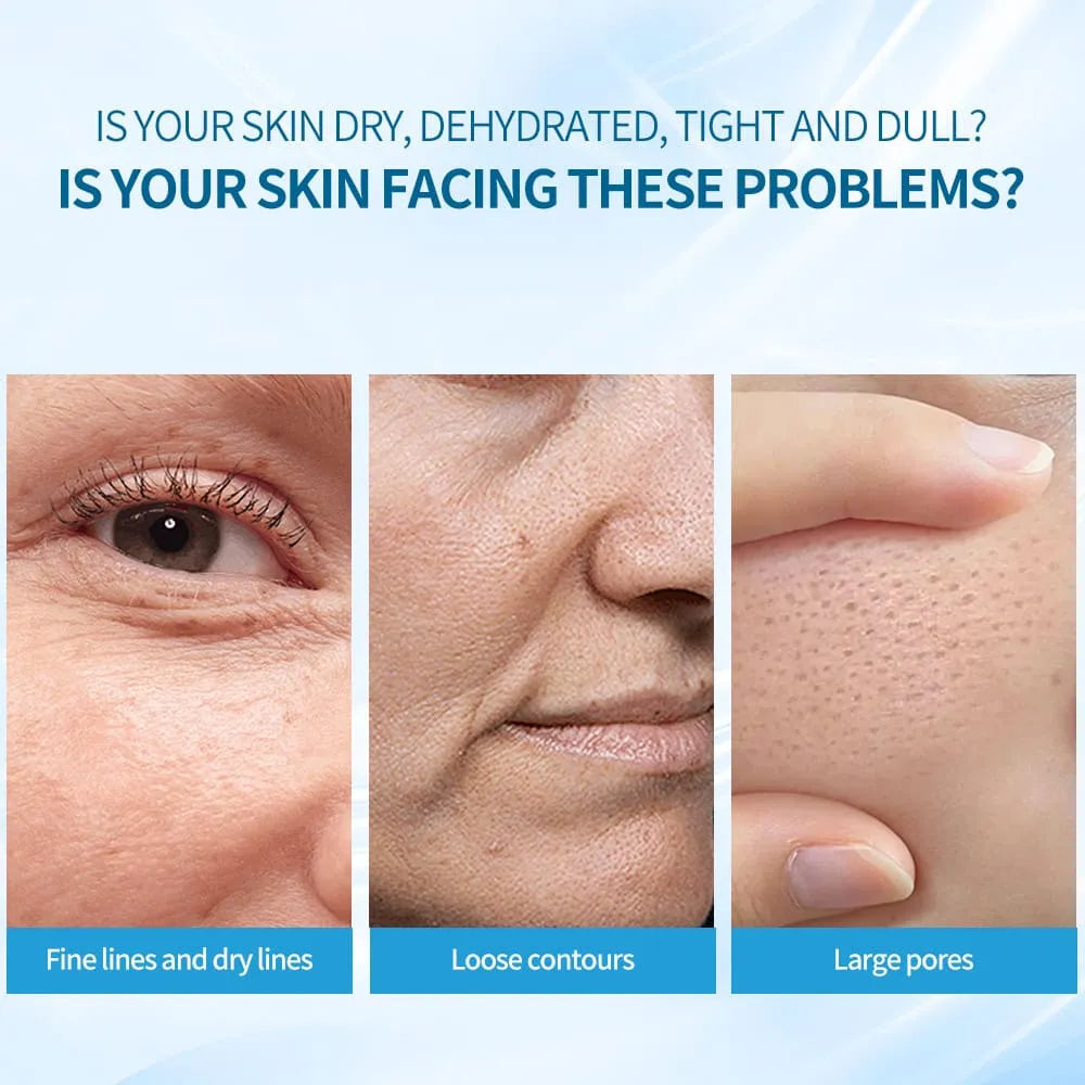 Skincare advertisement showing skin issues and solutions on a blue background