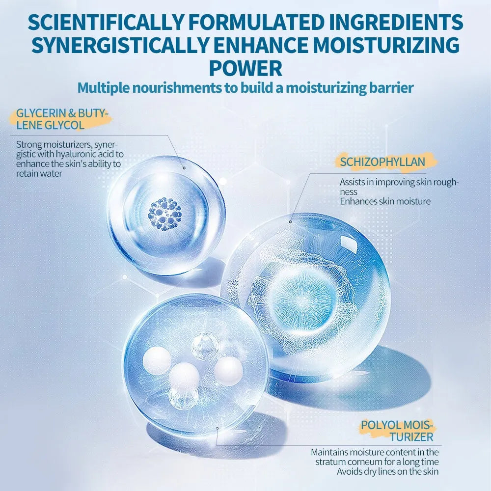 Illustration of moisturizing ingredients with text on a light blue background