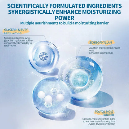 Illustration of moisturizing ingredients with text on a light blue background