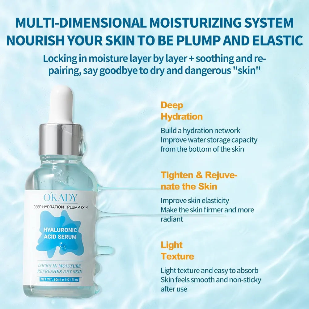 OKADY hyaluronic acid serum bottle with text on a blue background