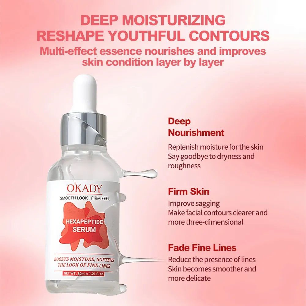 OKADY hexapeptide serum bottle with text on a pink background