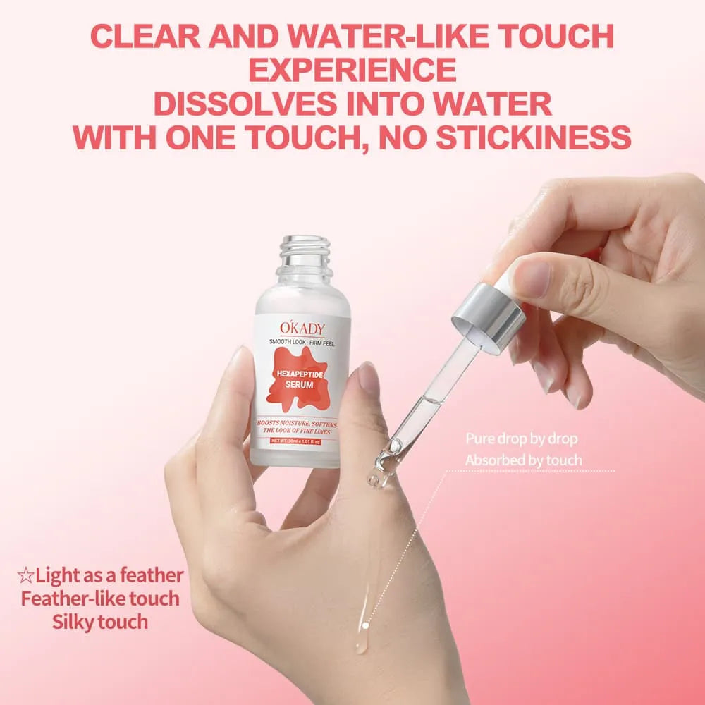 OKADY skincare serum bottle with dropper on a pink background