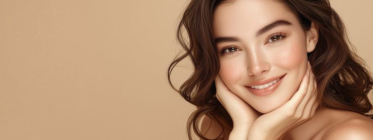 Woman with a soft smile and hand on her face against a beige background